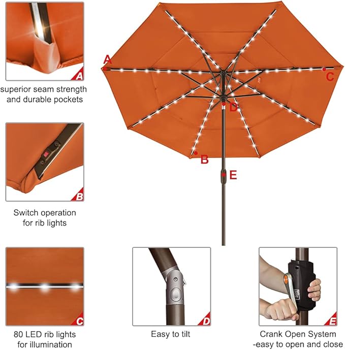 EliteShade USA 10-Year-Non-Fading Solar 9ft 3 Tiers Market Umbrella with 80 LED Lights Patio Umbrellas Outdoor Table with Ventilation,Rust