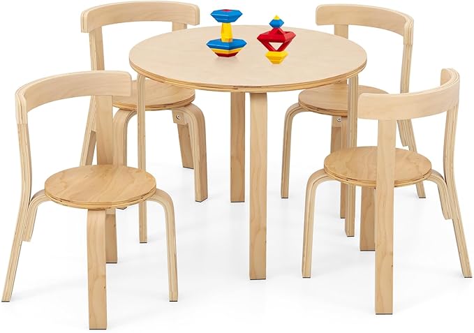 HONEY JOY Kids Table and Chair Set, Bentwood Toddler Round Table and 4 Chairs for Craft Art, Building Block, 5-Piece Children Furniture Set for Daycare, Kindergarten, Playroom (Natural)