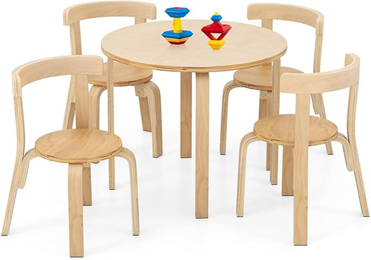 HONEY JOY Kids Table and Chair Set, Bentwood Toddler Round Table and 4 Chairs for Craft Art, Building Block, 5-Piece Children Furniture Set for Daycare, Kindergarten, Playroom (Natural)