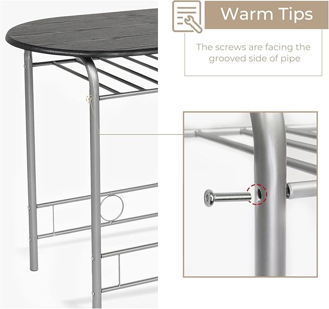 VINGLI 3 Piece Dining Set,Small Kitchen Table Set for 2,Breakfast Table Set,Kitchen Wooden Table and 2 Chairs for Small Space/Dining Room/Apartment,Metal Frame,Wine Rack,Sliver&Black