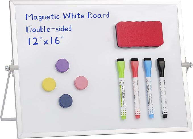 MXG 12"×16" Double-Sided Magnetic Desktop Whiteboard, 4 Dry-Erase Markers, White Board Eraser, 4 Magnets, Small Dry Erase Board for Home, Office, Grocery Lists