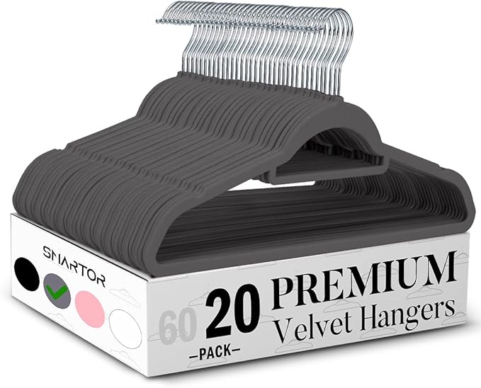 Smartor Grey Velvet Hangers 20 Pack, Space Saving Clothes Hangers with Tie Bar, Non-Slip Felt Hangers with Shoulder Notches, Heavy Duty Suit Hangers for Coat, Shirt, Pants, Dress