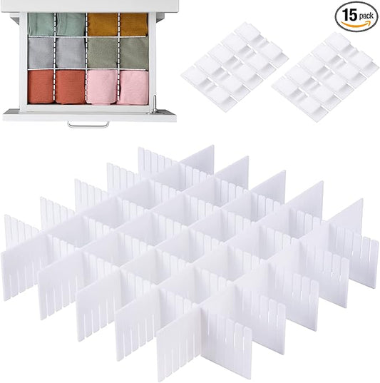 MaidMAX 15pc Drawer Dividers - Adjustable Organizers for Clothes, Underwear, Makeup, Kitchen Utensils & Tools - 16' x 2.7' DIY Dresser Drawer Separators for Bedroom, Kitchen, Office