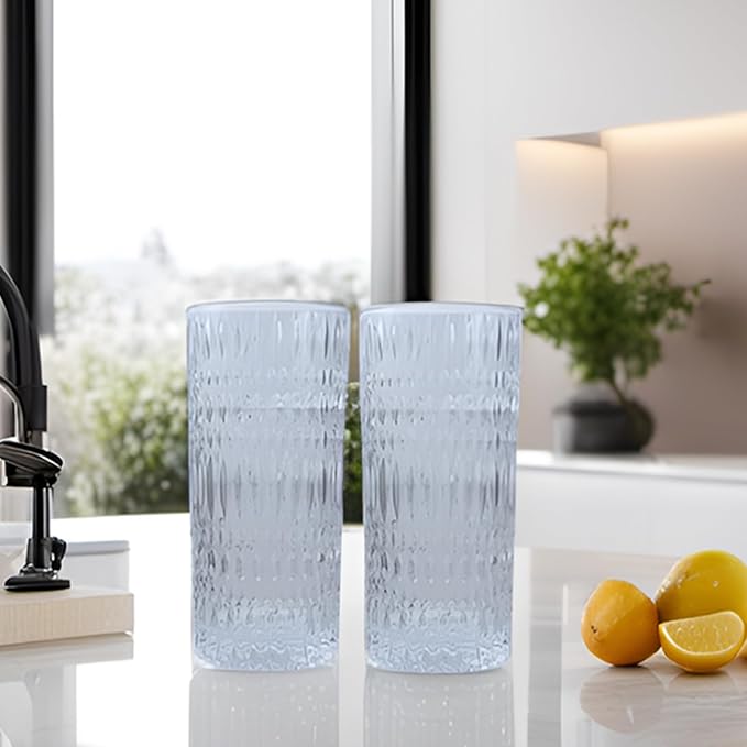 Highball Glasses [Set of 4] - 15oz Vintage Glass Cups Fits Dinner Party - Unique Texture, Dishwasher Safe