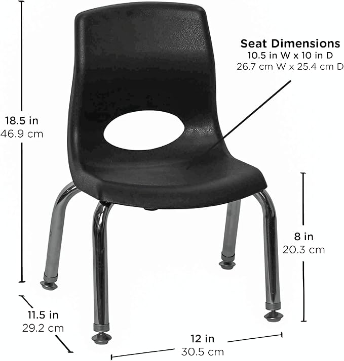 Children’s Factory MyPosture Plus 8" Chair, Black with Chrome Legs, 2 Pack, Stackable Ergonomic Seating Solution for Classrooms and Homeschools