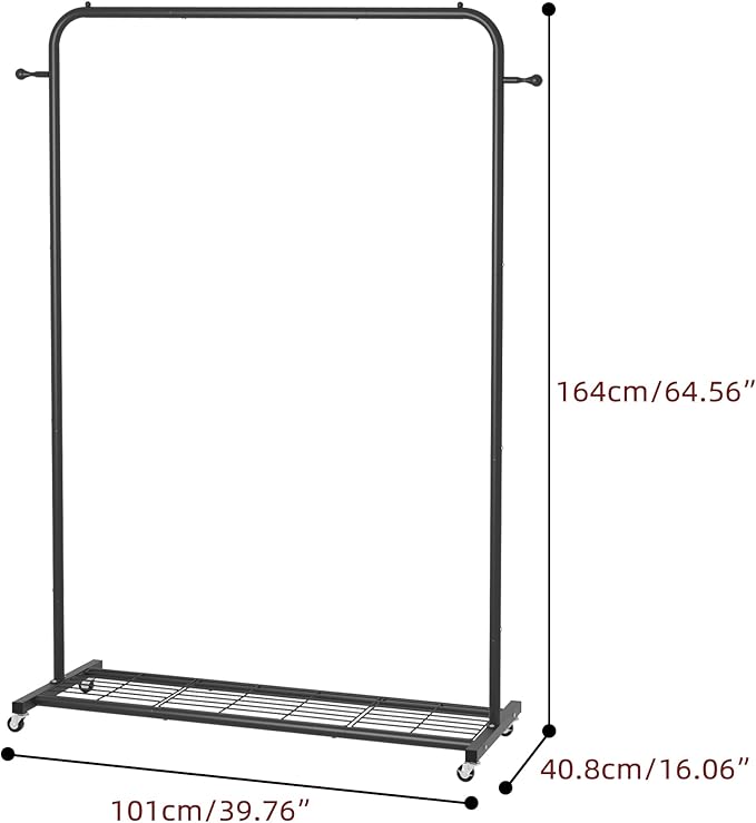 Sywhitta Clothing Rack on Wheels with Mesh Storage Shelf & Sturdy Metal Frame, Rolling Garment Rack for Hanging Clothes, Coats, Skirts, 39.76" L x 16" W x 64.56" H,Black