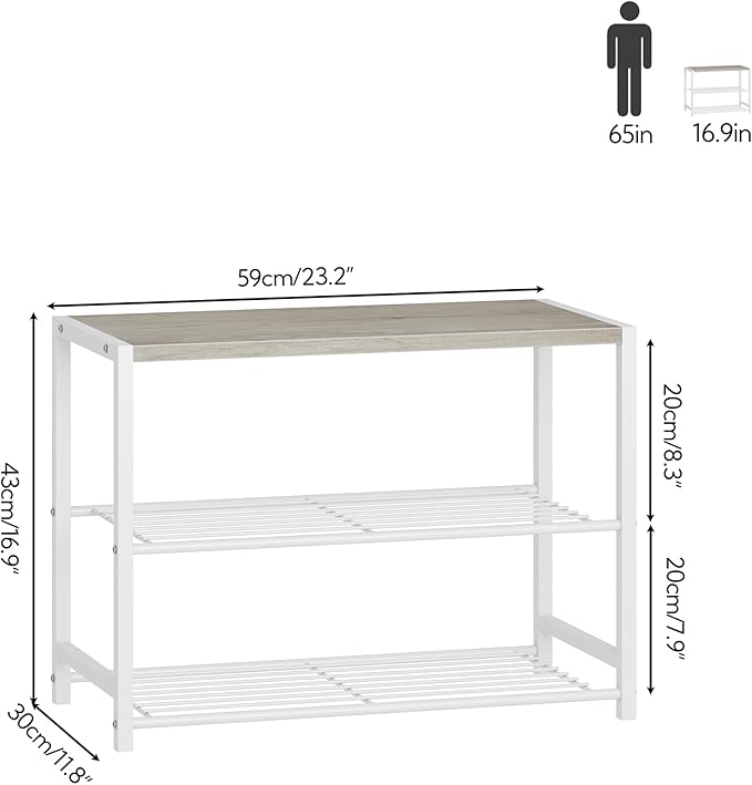 Yusong Shoe Rack Organizer, 3 Tier Industrial Shoe Storage Shelf for Closet Entryway, Narrow Sturdy Metal Shoe Shelves, White