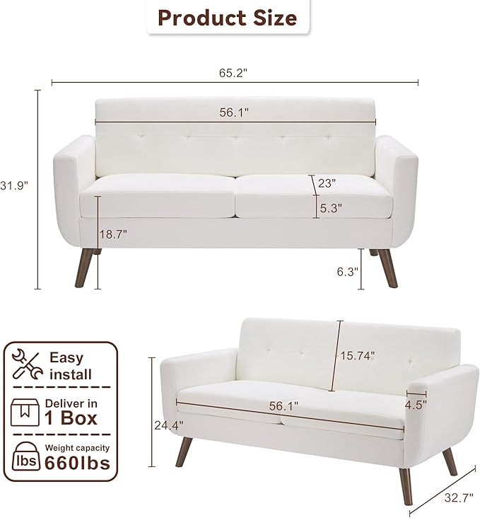 Tbfit 65" W Loveseat Sofa, Mid Century Modern Couches Love Seats for Living Room, Button Tufted Upholstered Small Couch for Bedroom, Solid and Easy to Install Love Seats Furniture, White