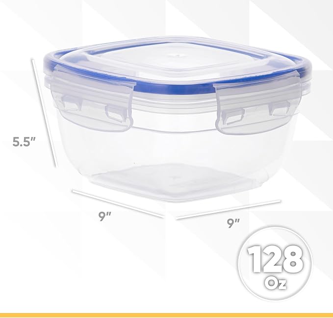 Superio Sealed Food Container, Large Meal Prep Container, 4 Quart, 16 Cups, 128 Oz, Lunch Prep Containers, Food Bowl with Latches- Clear Bin with Leakproof Lid, BPA Free