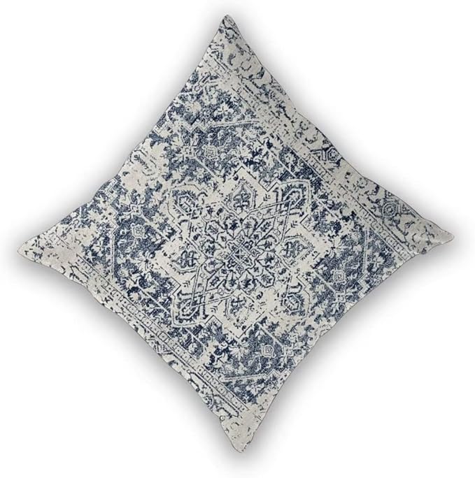 Boho Pillow Covers 16x16 Set of 2, White Navy Blue Carpet Pattern Outdoor Decorative Throw Pillows Ethnic Rustic Farmhouse Linen Cushion Cases for Couch Sofa Decor