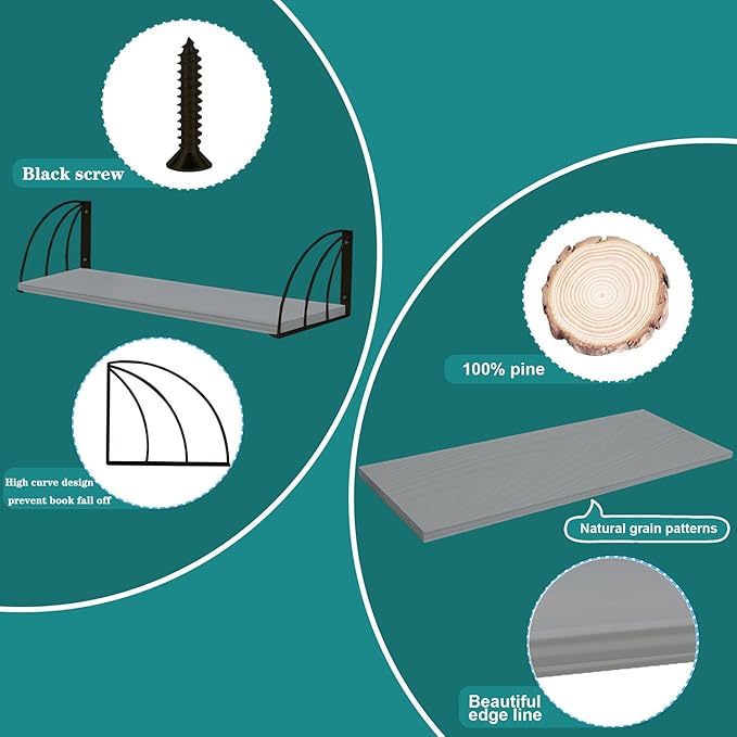 Pine Wood 23.57.87 Inch Floating Bookshelf - Elegant Grey Shelves, Wall Mounted - Set of 2