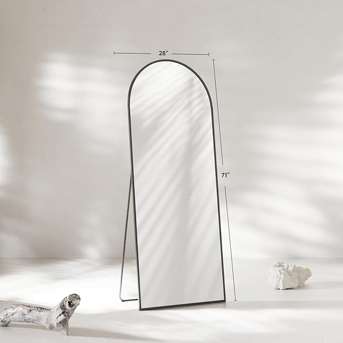 Arched Full Length Mirror 71"x28", Black Tempered Glass Wall Hanging Mounted Body Length Mirrors with Stand, Large Floor Aluminum Alloy Thin Frame