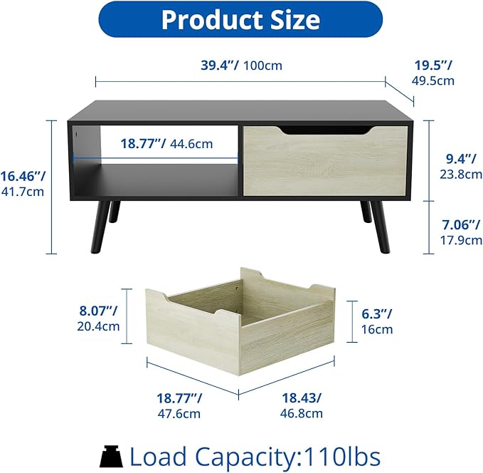 Cozy Castle Modern Coffee Table, Wooden Cocktail Table with Storage, Minimalist Hallway Table, Mid Century Modern Coffee Table for Living Room Apartment Reception, Black