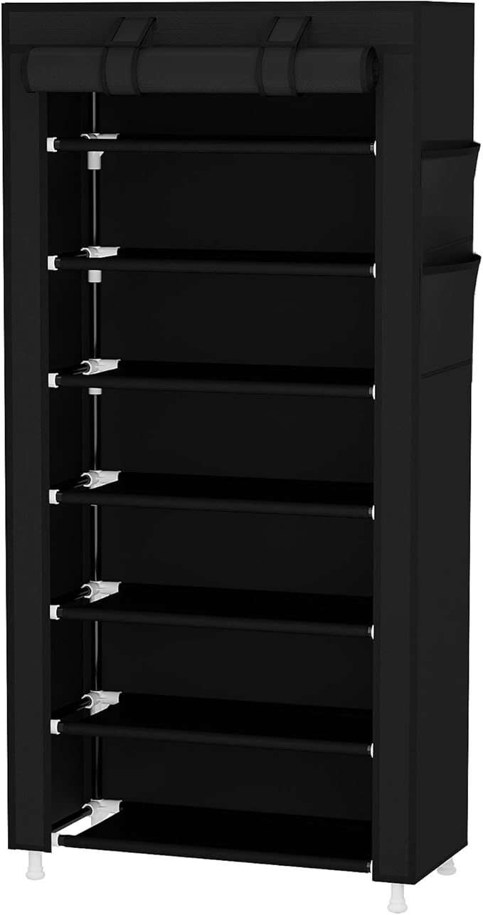 Calmootey 7 Tier Shoe Rack Organizer,Portable Shoe Shelf with Nonwoven Fabric Cover for Closet Hallway,Bedroom,Entryway,Black