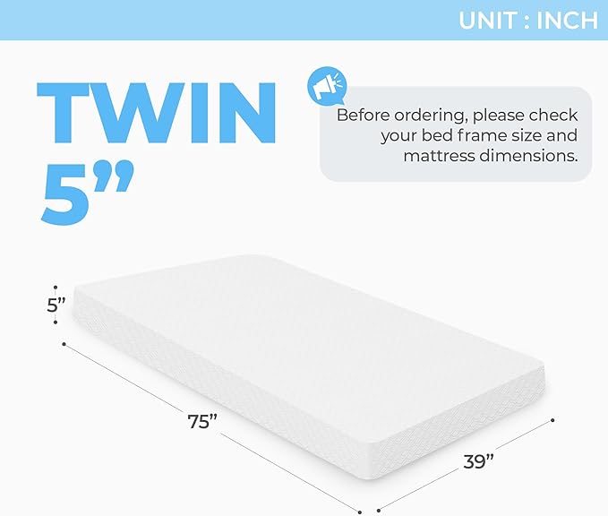 Neo Sleep 5 Inch Twin Cooling Gel Memory Foam Mattress for Cool Sleep Medium Firm Pressure Relief CertiPUR-US Certified Foam, Mattress in a Box No Fiberglass (Twin, 5 in)