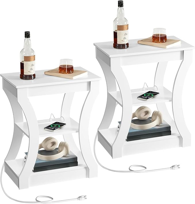 End Table with Charging Station, Set of 2, Side Table with USB Ports and Outlets, 3 Tier Nightstand with Storage Shelf for Small Spaces, Living Room, Bedroom, White ETWT53E01S2