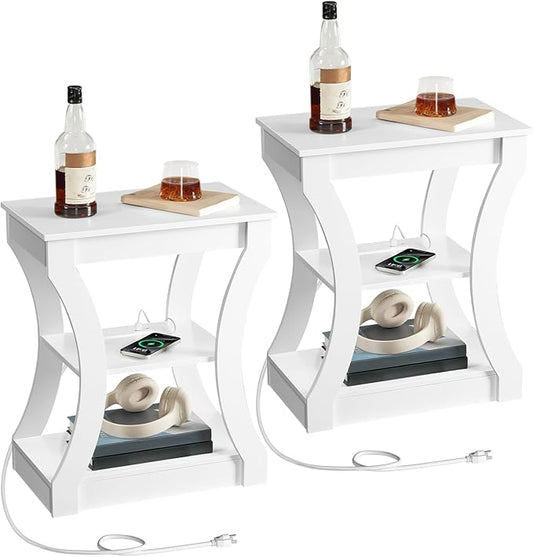 End Table with Charging Station, Set of 2, Side Table with USB Ports and Outlets, 3 Tier Nightstand with Storage Shelf for Small Spaces, Living Room, Bedroom, White ETWT53E01S2