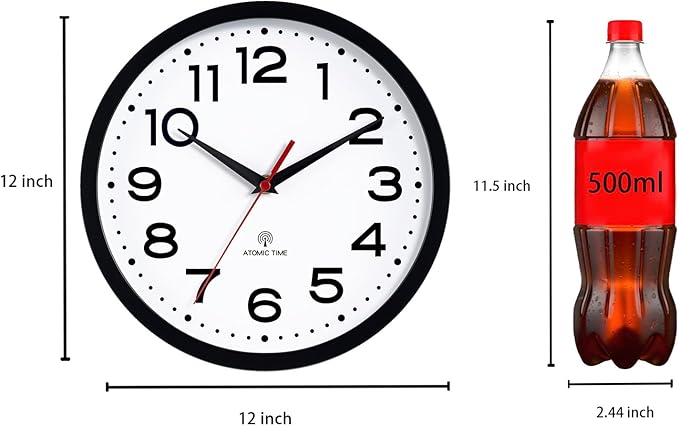 Atomic Wall Clock 12 Inch, Modern Clock Battery Operated Classic Analog Decorative for Kitchen, Living Room, Office, Bedroom, Bathroom (Black)