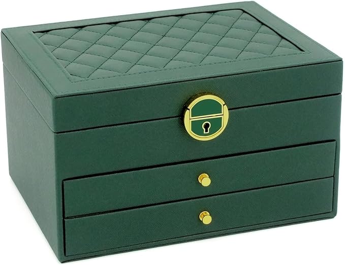 KOOAAICCHI Jewelry Box for Women, 3-Layer Jewelry Organizer, Jewelry Storage Case PU Leather for Earrings, Bracelets, Ring, Necklaces-Green