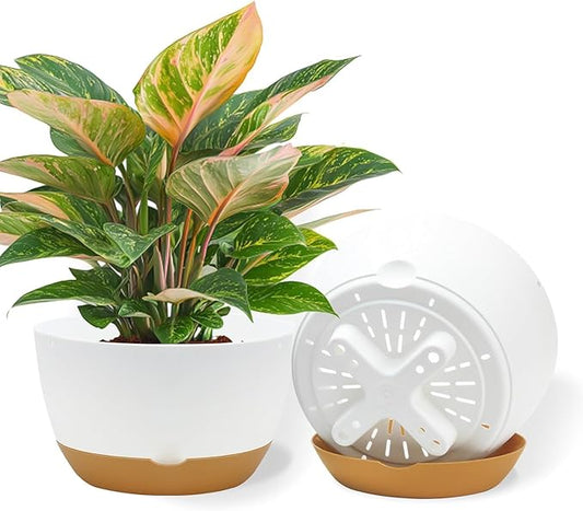 12 Inch Pots for Indoor Plants, Large Self Watering Planters with Drainage and Saucers, Plastic Outdoor Flower Pot, Set of 2, White