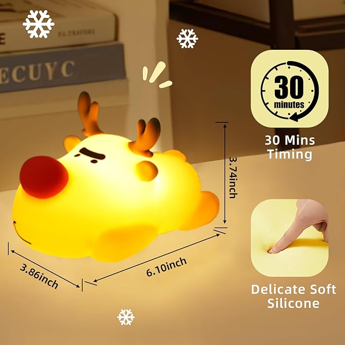 Eco-Friendly Reindeer Night Light - Energy Efficient LED Desk Lamp, Rechargerable Dimmable Nursery Soft Touch Bedside Baby Squishy Night Light, Portable Nightlight for Adults/Kids