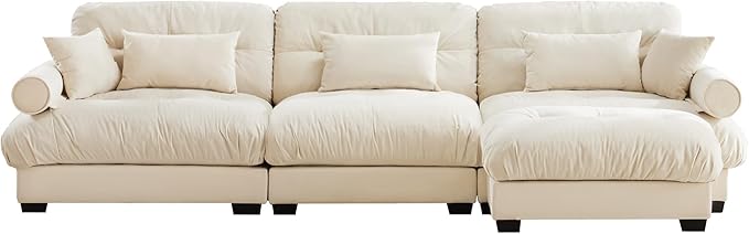 Ball & Cast 130" Oversized Modular Sofa,L Shaped 3-Seater Couch Sectional Couch with Round Bolster Armrests and 5 Pillows,Fluffy Velvet Deap Seat Couches w/Ottoman,for Living Room,Convertible,Cream