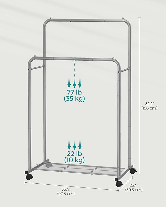 SONGMICS Double Rods Clothes Rack with Wheels, Clothing Rack for Hanging Clothes, Heavy Duty Garment Rack with Mesh Storage Shelf, 2 Brakes, Each Top Rail Holds up to 77 lb, Gery UHSR026G01