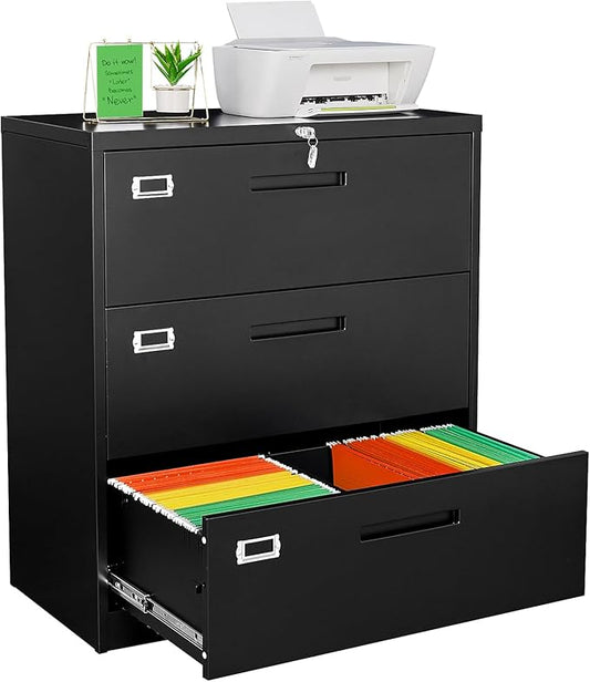 Lateral Filing Cabinet,3 Drawer File Cabinet with Lock,Office Lateral File Cabinets for Legal/Letter A4 Size,Require Assembly, Black