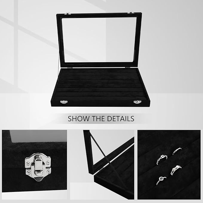 Wudygirl 7 Slot Ring Holder Organizer Display Tray for Rings And Jewelry Storage Velvet Ring Box with Multiple Slots Rings Organizer and Jewelry Showcase (Black Velvet)