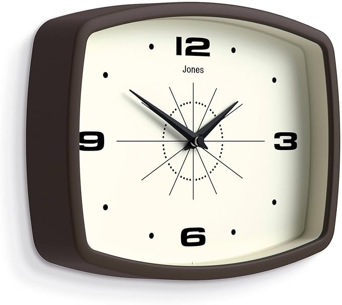 JONES CLOCKS® Movie Wall Clock | Rectangular Retro Clock | 10 inch | Mocha Brown | Cool mid-Century Designer Look for Kitchen, Living Room or Office