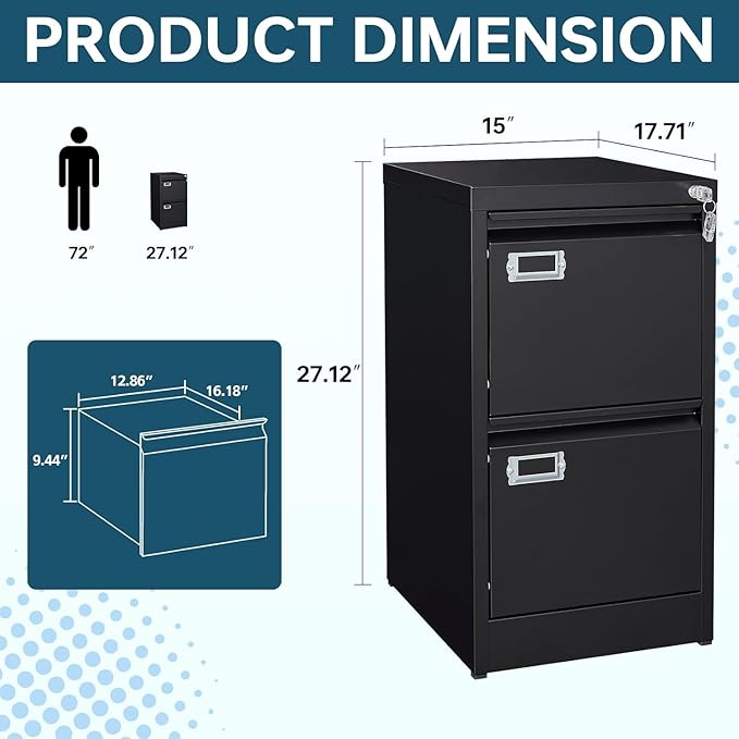 MIIIKO 2 Drawer Filing Cabinet with Lock, Metal Vertical File Cabinets for Home Office, Lockable File Storage Cabinets Under Desk, Letter/A4 File Folders Storage(Assembly Required)