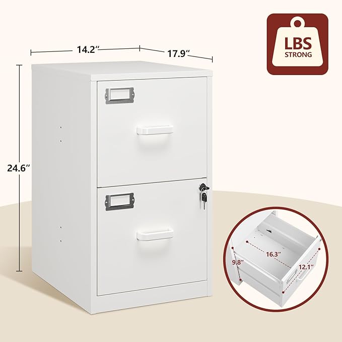 2 Drawer File Cabinet with Lock,Metal File Cabinets for Home Office, Under Desk File Cabinet for A4/Letter/Legal Size (White)