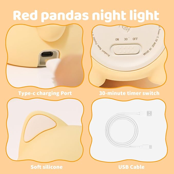 Cute Red Panda Night Light,Rechargeable Lamp for Kids Room with Timer,Cute Stuff Desk Decor Dimmable Touch Silicone Animal Night Light for Kids,Squishy Lamp for Baby Nursery Bedroom