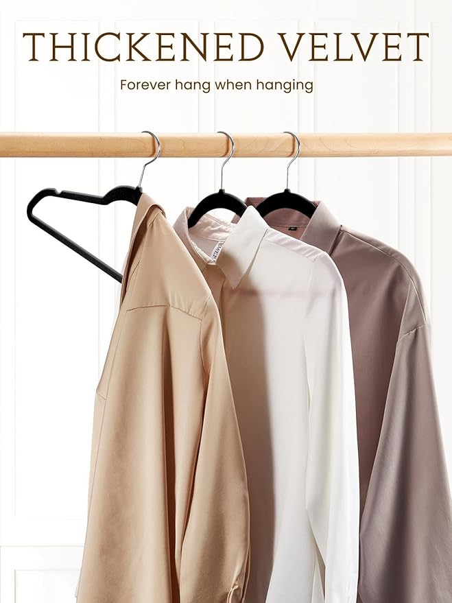 Smartor Velvet Hangers 70 Pack, Black Non Slip Clothes Felt Hanger Heavy Duty for Coat, Premium Slim Space Saving Hangers for Closet Organizer and Storage, 360° Rotating Silver Hook