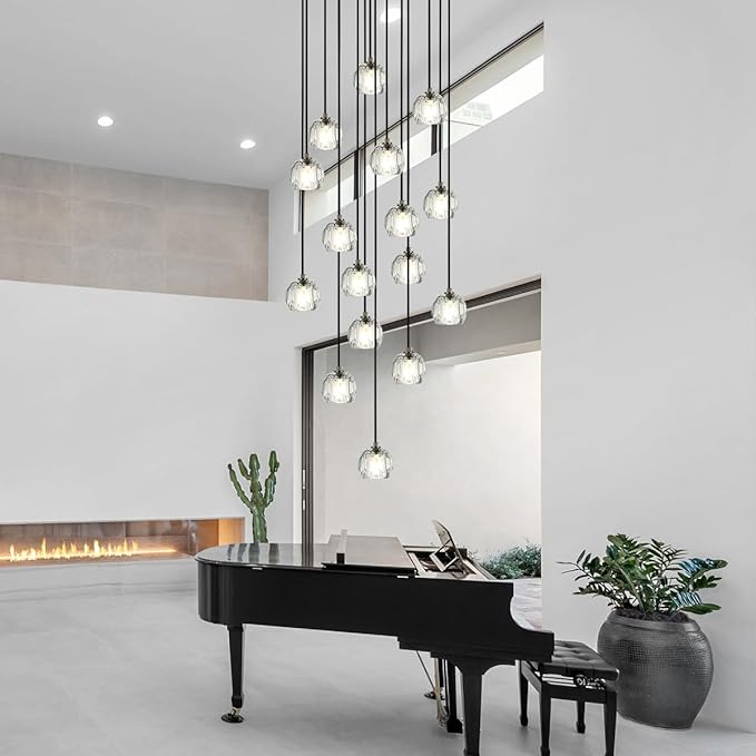 High Ceiling Foyer Chandelier, Brushed Black 16 Lights Crystal Staircase Chandelier, Modern Cut Pendant Raindrop Cluster Lighting Fixture for Entryway Living Room