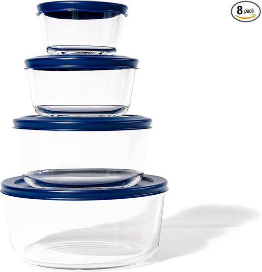 8-Piece Glass Food Storage Containers Set (4 Containers + 4 Lids) | Round, Nesting, Microwave & Dishwasher Safe | BPA-Free, Space-Saving | Blue Lids for Pantry & Kitchen Organization