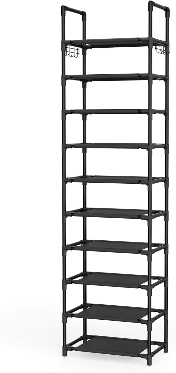 10 Tiers Shoe Rack 20-25 Pairs Large Capacity Tall Shoe Organizer Sturdy Shoe Storage with Two Hooks Metal Narrow Shoe Rack for Closet, Entryway, Bedroom, Black