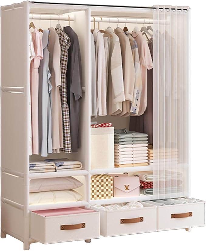 Portable Closet,Portable Closets for Hanging Clothes,Japanese Style Garment Rack Clothing Rack with 3 Drawers,1 Hanging Rods and 2 Storage Shelves,43.3" L x 17.7" W x 65.1" H,White