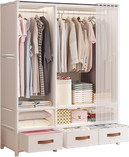 Portable Closet,Portable Closets for Hanging Clothes,Japanese Style Garment Rack Clothing Rack with 3 Drawers,1 Hanging Rods and 2 Storage Shelves,43.3" L x 17.7" W x 65.1" H,White