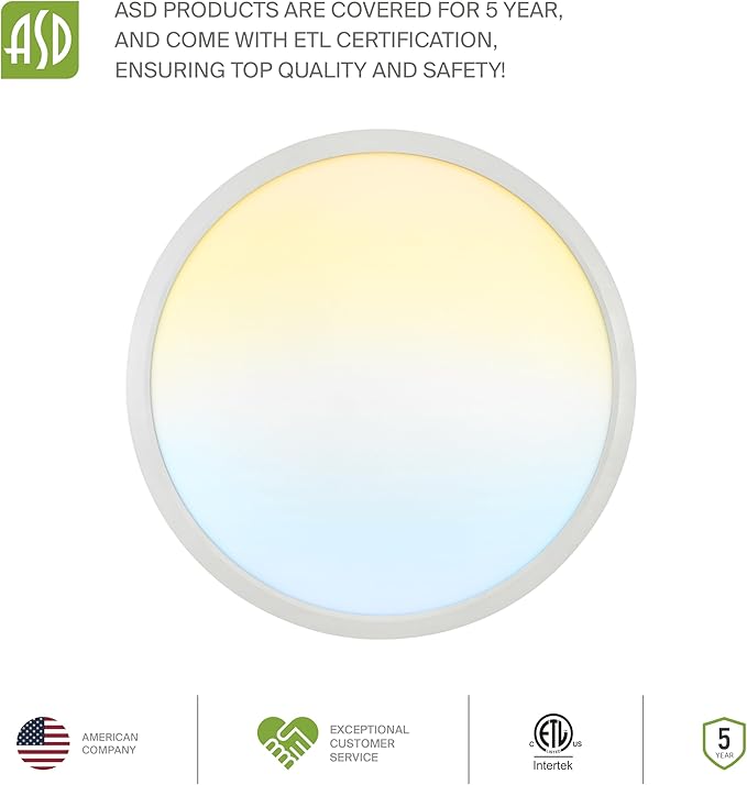 ASD LED 24" Round Flush Mount Ceiling Light Fixture, Low Profile Surface Lighting | 5CCT, Dimmable, Ultra-Thin, ETL Listed | 38W 2700LM 2700-6000K 100-277V | Kitchen, Bedroom, Hallway Lamp | White