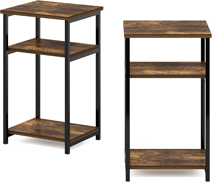 Furinno Just 3-Tier Metal Frame End Table with Storage Shelves, 2-Pack, Amber Pine