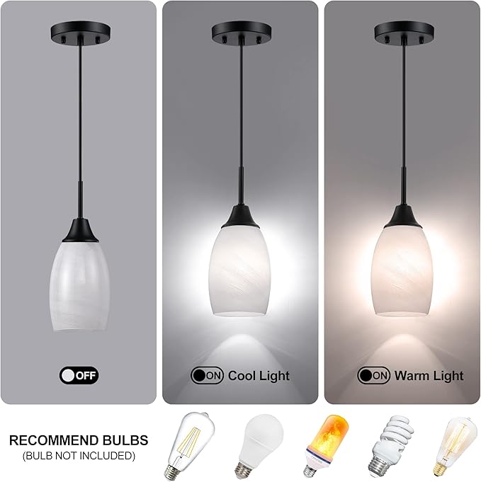 Mini Glass Pendant Light,1-Light Handblown White Oval Art Glass Hanging Pendant Light for Kitchen Island,Dining Room,Living,Foyer,Hallway, Entry Matte Black Metal