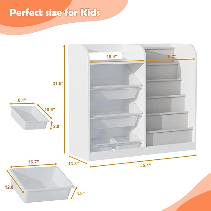 White Kids Wood Bookshelf Toy Storage Box Organizer Shelf W/4 Removable Plastic Toy Bins Children Bookcase Toddler Baby Sling Book Rack Cabinet Chest Girl Boy Gift Playroom Classroom Bedroom Nursery