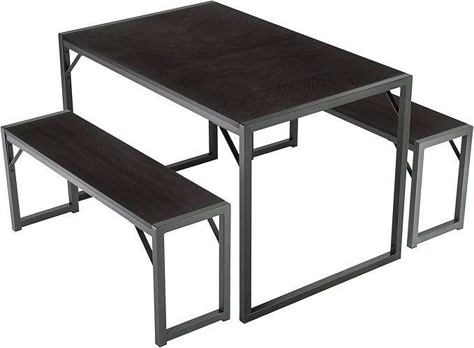 SHA CERLIN Kitchen Dining Table Set for 4 with Benches, Rustic Small Space Saving Dinette, Heavy Duty Metal Frame