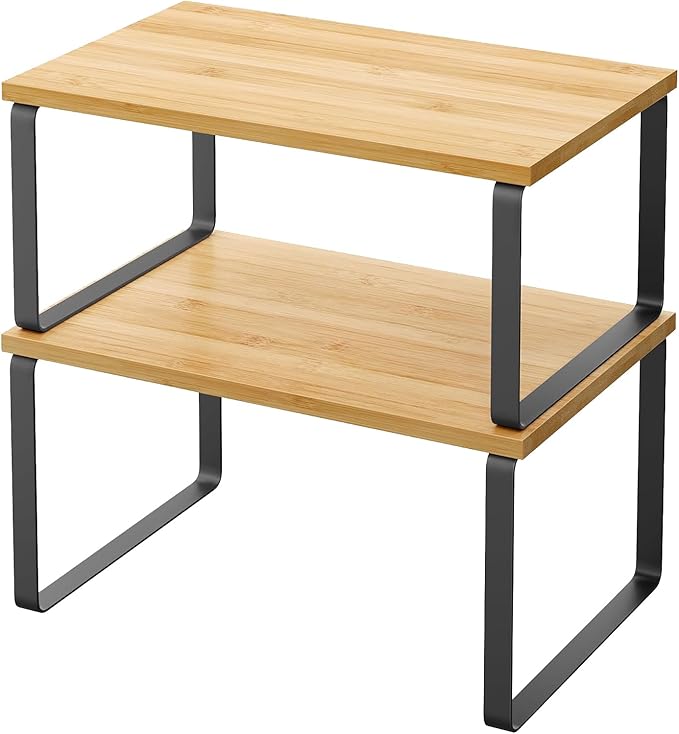 2 Pack Cabinet Organizer Shelves, Stackable and Expandable Kitchen Counter Shelf, for Kitchen Cabinet Countertop Storage, Spice Rack, Metal and Premium Bamboo (Black, 11.7" W)