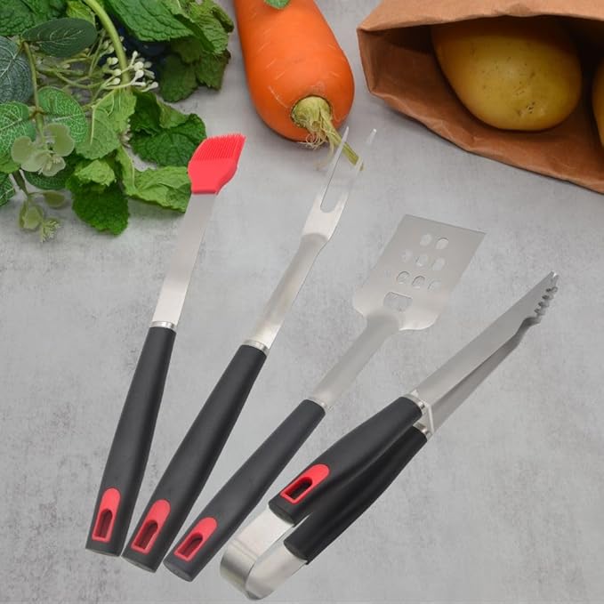 Stainless Stell BBQ Accessories Tool Set with Serrated Edged Spatula、Fork Brush and Tongs Backyard Outdoor Cooking and Teppanyaki Barbecue Tools Accessories 4-Piece Home Barbecue Set