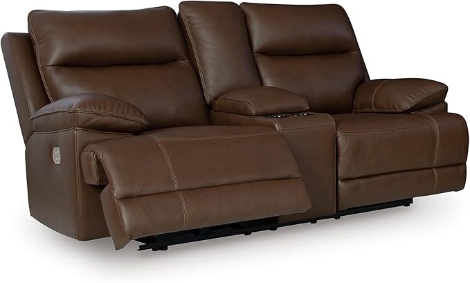 Signature Design by Ashley VonRyan Modern Leather Match Power Reclining Loveseat with USB Ports, Dark Brown