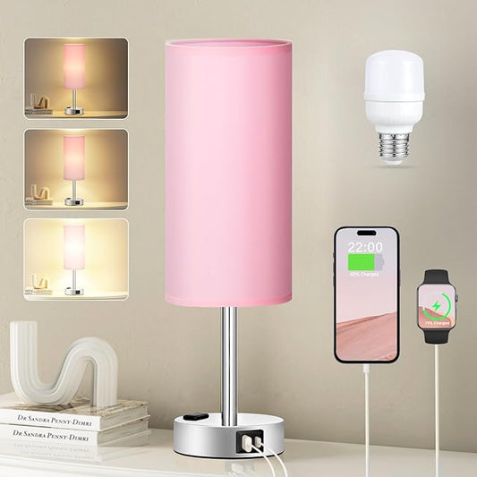 Pink Lamp for Bedroom Nightstand - 3 Way Dimmable Touch Table Lamp USB C Charging Ports, Small Lamp with AC Outlet for Desk Girls Room, LED Bulb Included