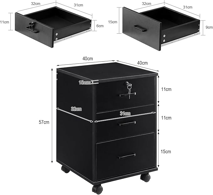 Mobile File Cabinet with Lockable Drawer, 3-Drawers Under Desk Storage Cabinet with 360°Swivel Wheels, Wooden Stationery Storage Cabinet for Legal/Letter/ A4 Documents (Black)