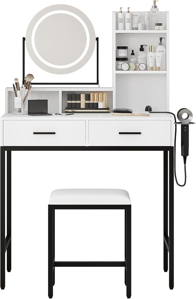 Vanity Desk with Rotating Mirror, Makeup Vanity Desk with Adjustable Mirror, 3 Colors Adjustable Light, Power Outlet, Dressing Table With 2 Drawers, Storage Shelves & Stool for Bedroom, White & Black